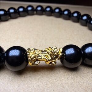 New 18K Solid Real Gold Bracelet Pixiu charm w black onyx unisex L large